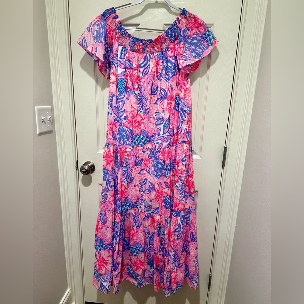 Lilly Pulitzer Dezi Off Shoulder Maxi Dress Pink Snappy Turtle - Picture 7 of 7